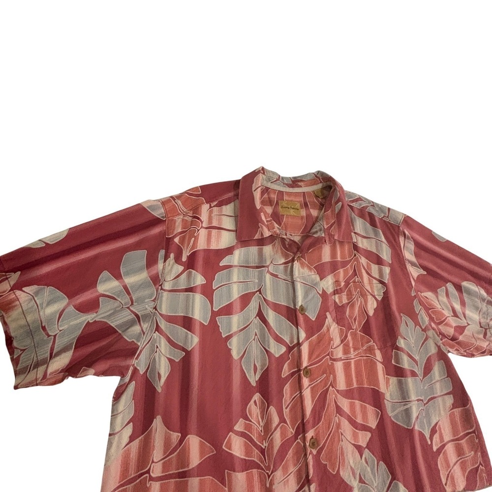 Tommy Bahama Silk Button Up Shirt Mens XL Red Coral Hawaiian Tropical Leaf - Picture 9 of 10